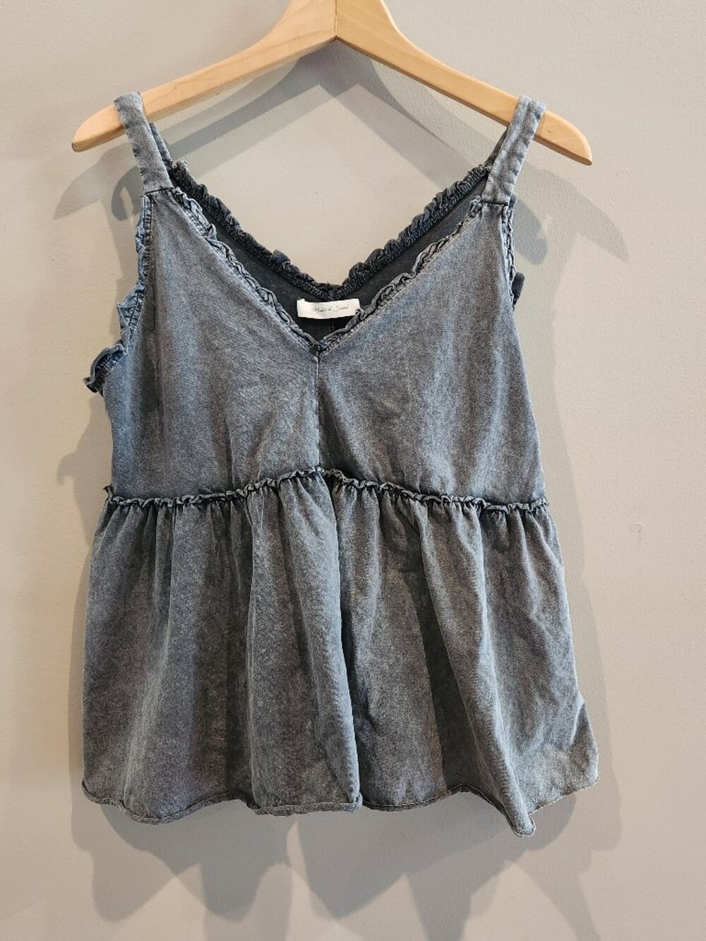Mustard Seed Chambray Babydoll Tank Ruffle Flowy Boutique Summer Top